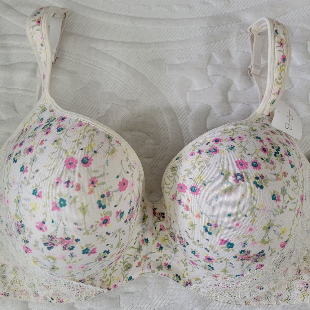 NWT Jessica Simpson Floral Print Lace Trim Full Coverage Underwire Bra Size 40D